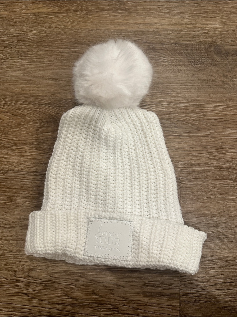 Love Your Melon White Knit Pom Beanie with Faux Fur Pom